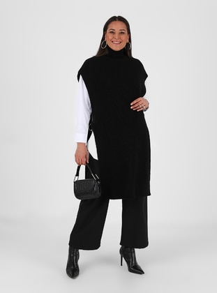 Black - Polo neck - Plus Size Knit Dresses - Alia