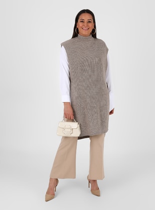 Beige - Polo neck - Plus Size Knit Dresses - Alia