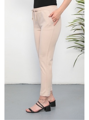Elastic Waistband Lace-Up Detail Fabric Pants 305 Beige