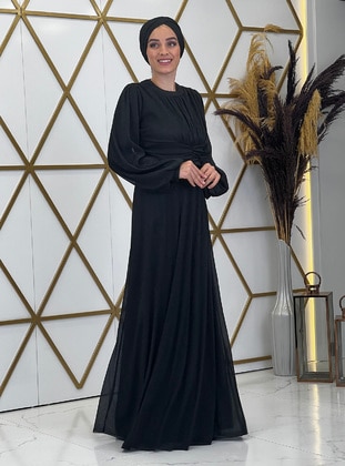 Black - Silvery - Fully Lined - Crew neck - Modest Evening Dress - Piennar