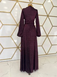 Fuchsia - Silvery - Fully Lined - Crew neck - Modest Evening Dress