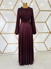 Fuchsia - Silvery - Fully Lined - Crew neck - Modest Evening Dress