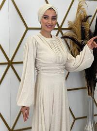 Cream - Silvery - Fully Lined - Crew neck - Modest Evening Dress