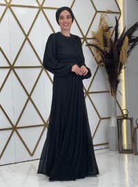 Black - Silvery - Fully Lined - Crew neck - Modest Evening Dress