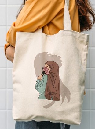 Canvas Fabric Hijab Flower Smelling Girl Tote Bag Cream-Beige