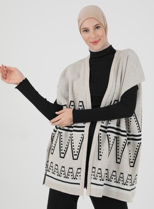 Ethnic Patterned Sweater Vest Mink Off White