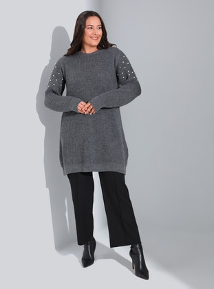 Dark Gray - Crew neck - Plus Size Knit Tunics - Alia