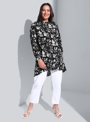 Natural Fabric Plus Size Patterned Tunic Black