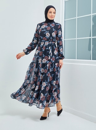 Navy Blue - Floral - Crew neck - Unlined - Modest Dress - Topless