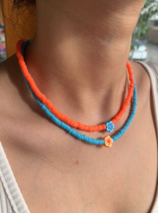 Blue - Orange - Necklace - İsabella Accessories