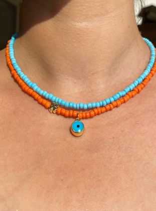 Turquoise - Orange - Necklace - İsabella Accessories