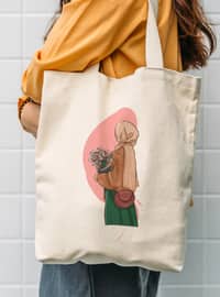 Canvas Fabric Hijab Floral Girl Tote Bag Cream-Beige