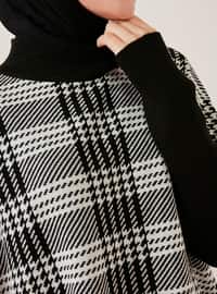 Plaid Patterned Side Slits Oversized Sweater Tunic Black