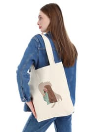 Canvas Fabric Hijab Flower Smelling Girl Tote Bag Cream-Beige