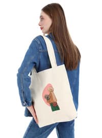 Canvas Fabric Hijab Floral Girl Tote Bag Cream-Beige