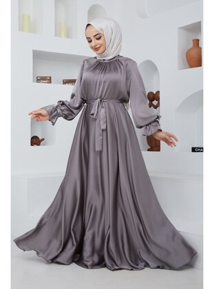 Gray - Modest Plus Size Evening Dress - İmaj Butik