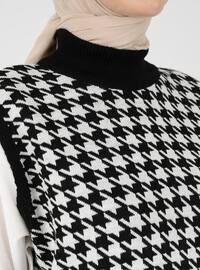 Poplin Garnished Houndstooth Sweater Tunic Black And White