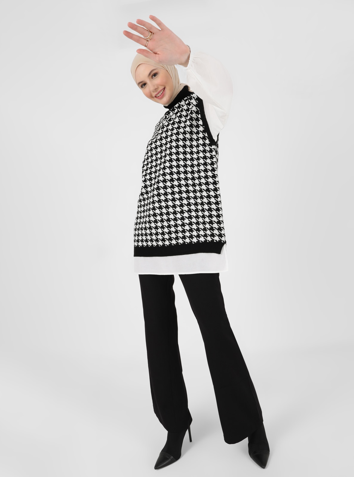Poplin Garnished Houndstooth Sweater Tunic Black And White