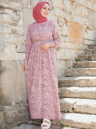  - Floral - Crew neck - Unlined - Modest Dress - Tofisa