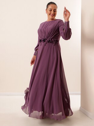 Fully Lined - Purple - Crew neck - Evening Dresses - By Saygı