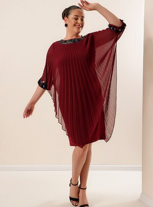 Maroon - Fully Lined - Crew neck - Modest Plus Size Evening Dress - By Saygı