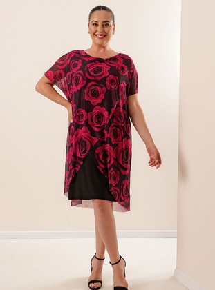 Fuchsia - Floral - Crew neck - Modest Plus Size Evening Dress - By Saygı