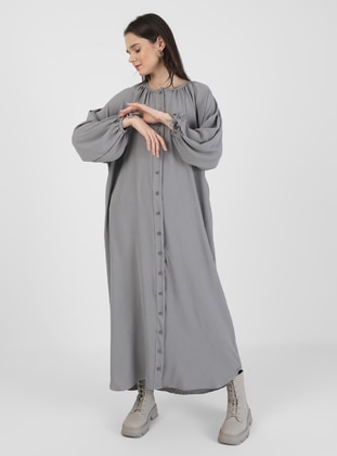 Gray - Button Collar - Unlined - Modest Dress - Muni Muni