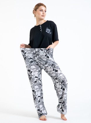 White - Black - Multi - Plus Size Pyjamas - Tampap