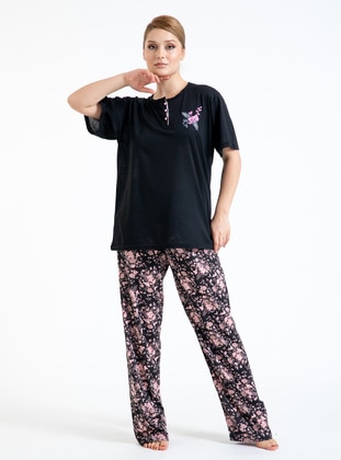 Pink - Black - Multi - Plus Size Pyjamas - Tampap