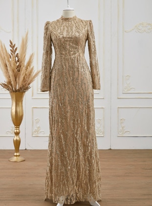 Gold - Fully Lined - Crew neck - Modest Evening Dress - Aslan Polat