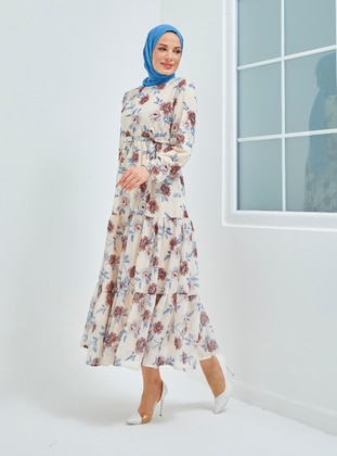 Cream - Floral - Crew neck - Unlined - Modest Dress - Topless