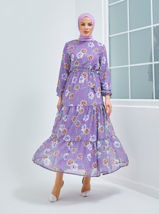 Lilac - Floral - Crew neck - Unlined - Modest Dress - Topless