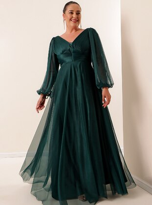 Green - V neck Collar - Modest Plus Size Evening Dress - By Saygı