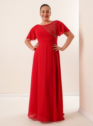 Red - Crew neck - Modest Plus Size Evening Dress - By Saygı