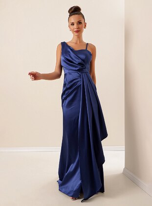 Fully Lined - Blue - V neck Collar - Evening Dresses - By Saygı