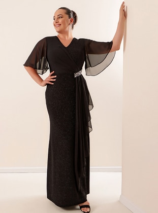 Black - V neck Collar - Modest Plus Size Evening Dress - By Saygı