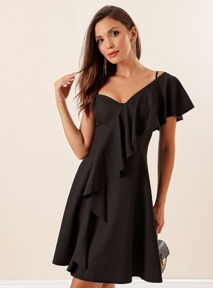 Black - V neck Collar - Evening Dresses - By Saygı