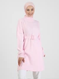 Pink - Polo neck - Unlined - Knit Tunics