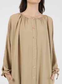 Beige - Button Collar - Unlined - Modest Dress