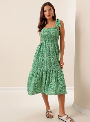 Green - Multi - Sweatheart Neckline - Modest Dress - By Saygı