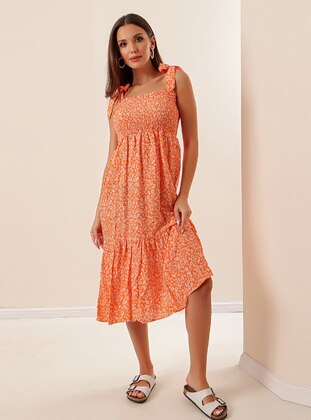 Orange - Multi - Sweatheart Neckline - Modest Dress - By Saygı