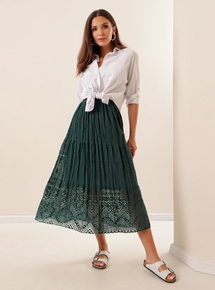 Green - Geometric - Fully Lined - Skirt - By Saygı