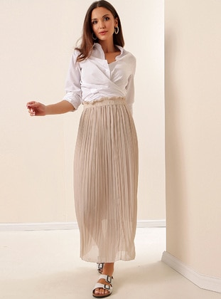 Elastic Waist Lined Pleated Long Chiffon Skirt Cream-Beige