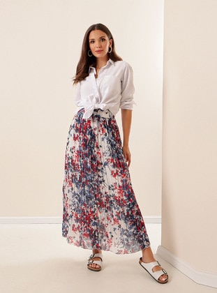 Navy Blue - Floral - Fully Lined - Skirt - By Saygı