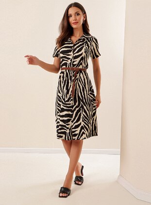 Black - Zebra - Point Collar - Modest Dress - By Saygı