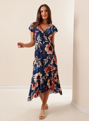 Navy Blue - Floral - Double-Breasted - Modest Dress - By Saygı