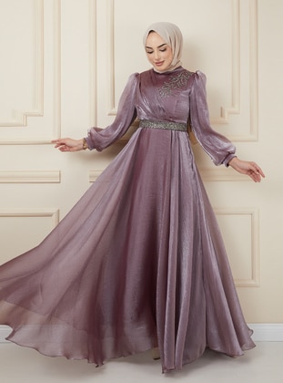 Silvery Hijab Evening Dress With Belt And Chest Stone Detail Light Lilac