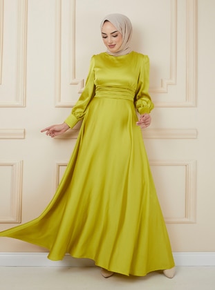 Green - Fully Lined - Crew neck - Modest Evening Dress - Olcay