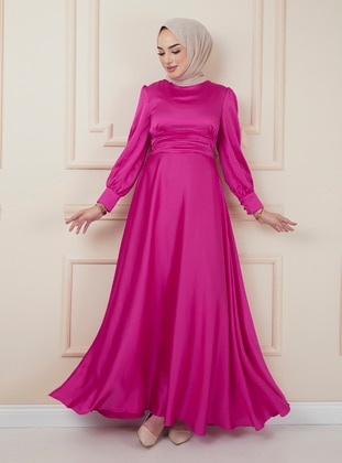 Fuchsia - Fully Lined - Crew neck - Modest Evening Dress - Olcay