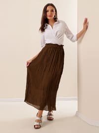 Pleated Long Chiffon Skirt With Elastic Waist Lining Khaki